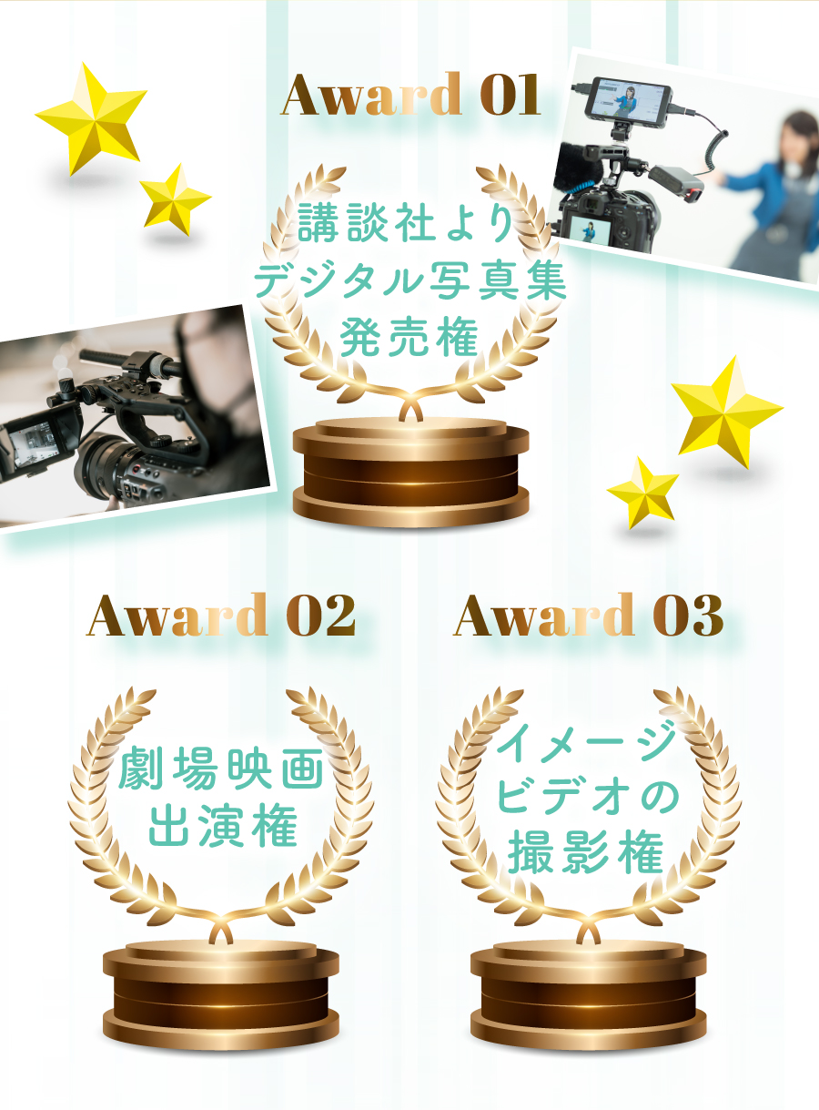 Award 01 講談社よりデジタル写真集発売権、Award 02 劇場映画出演権 Award 03 イメージビデオの撮影権